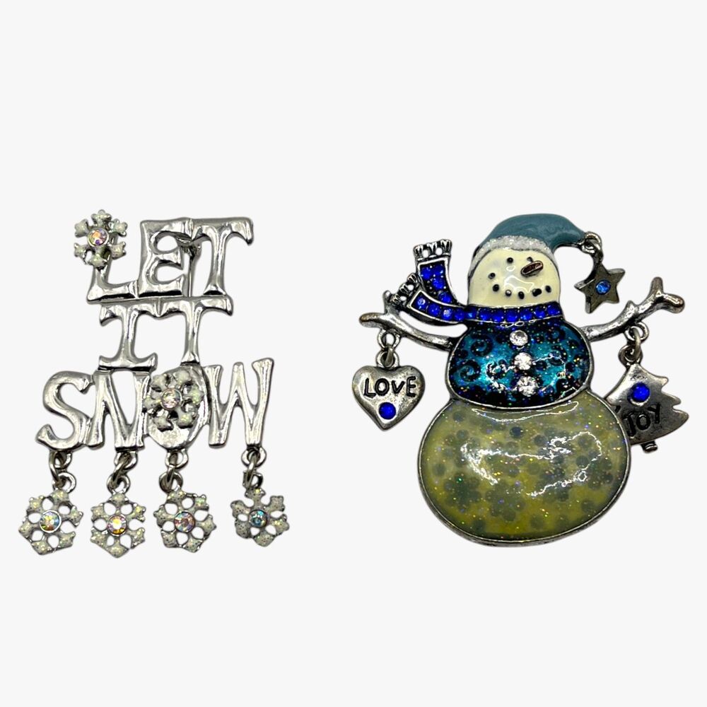 Christmas Pin Lot Silver Tone Snowman Love Joy Snowflake Dangle Charm Brooch
